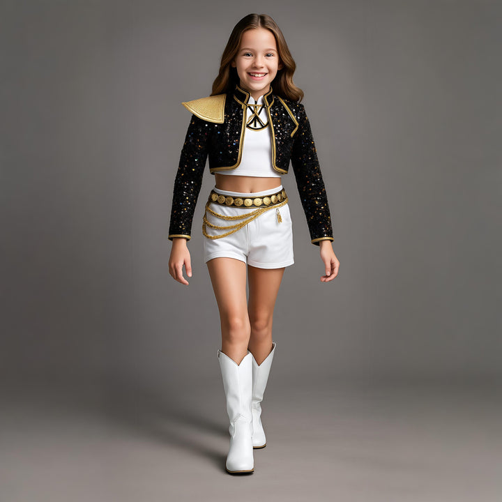 Women's Sequin Belly Dancer Dance Costume with Glittering Crop Jacket Shorts and Gold Chain Belt