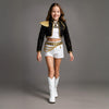 Women's Sequin Belly Dancer Dance Costume with Glittering Crop Jacket Shorts and Gold Chain Belt
