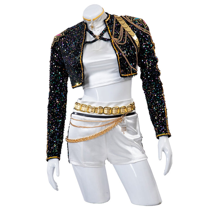 Women's Sequin Belly Dancer Dance Costume with Glittering Crop Jacket Shorts and Gold Chain Belt