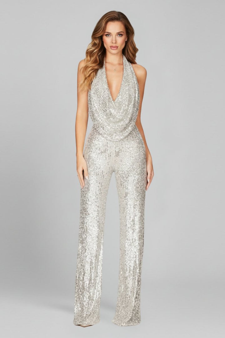 Women's Fitted Jumpsuit – With Halter Neck and Wide Legs, Suitable for Festive Occasions