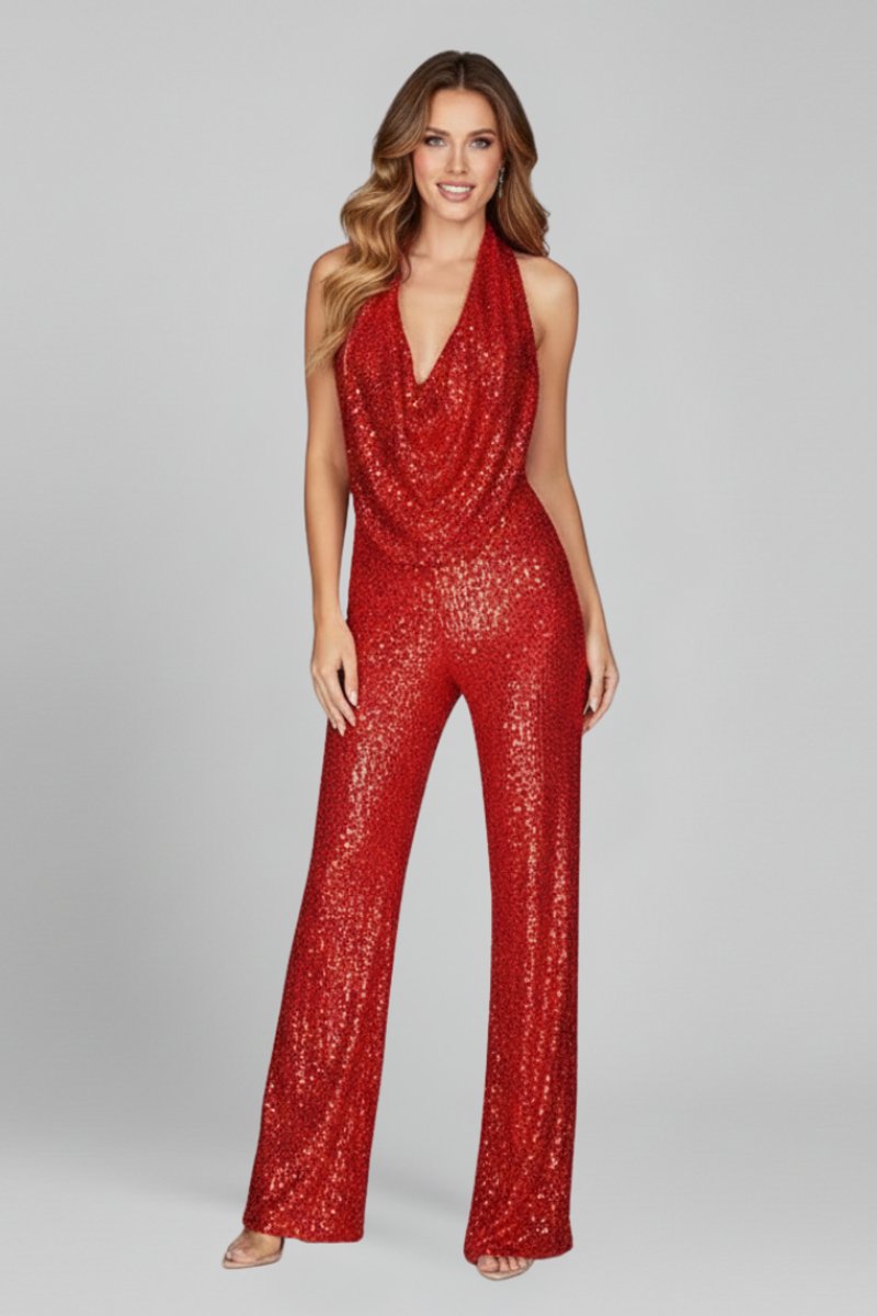 Women's Fitted Jumpsuit – With Halter Neck and Wide Legs, Suitable for Festive Occasions
