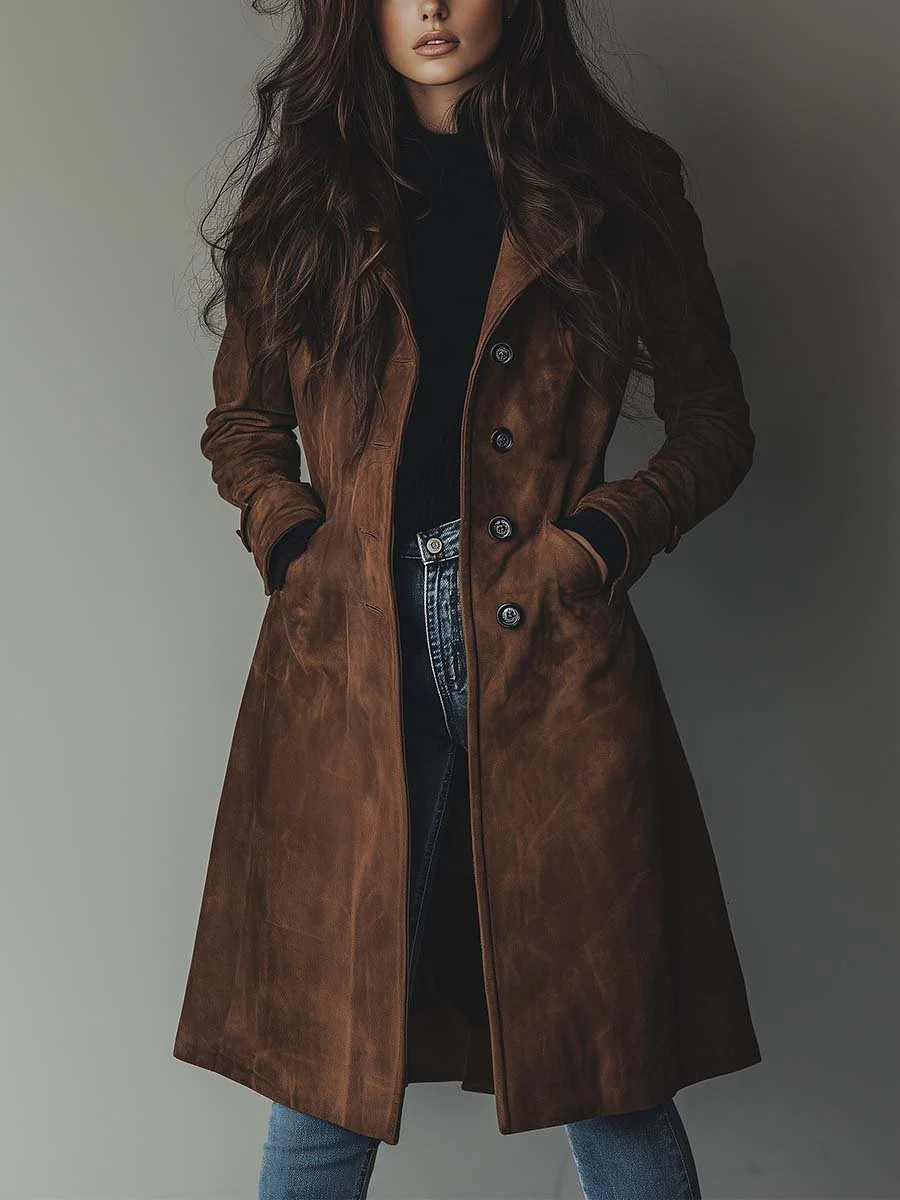 Women's Trench Coat with Lapel Collar and Side Pockets