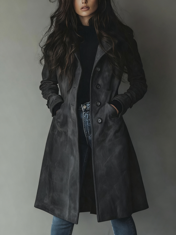 Women's Trench Coat with Lapel Collar and Side Pockets