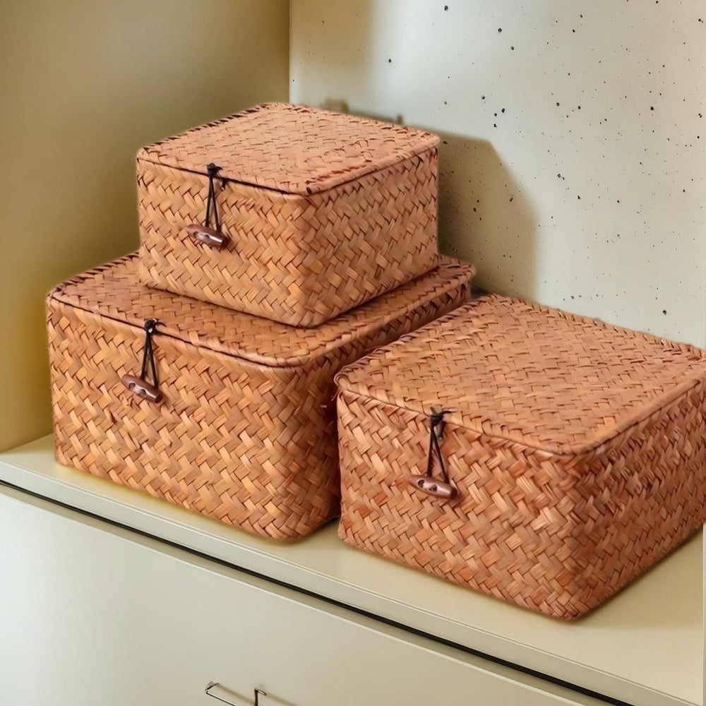 Woven Storage Basket with Rattan Lidded Design and Seagrass Toggle Closure Laundry Hamper