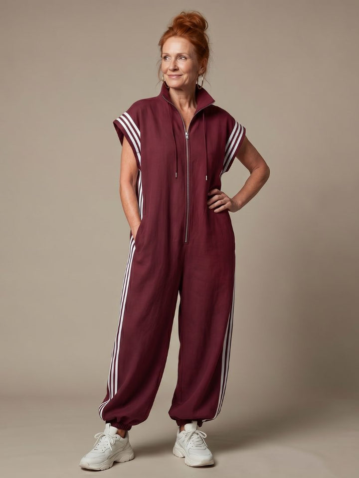 Striped Panel Jumpsuit with Zip Front and Short Sleeves for Women