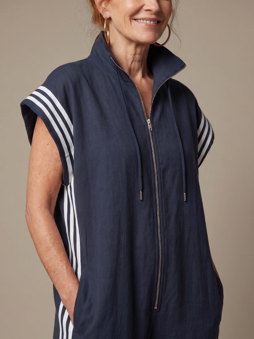 Striped Panel Jumpsuit with Zip Front and Short Sleeves for Women