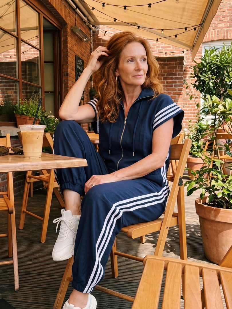 Striped Panel Jumpsuit with Zip Front and Short Sleeves for Women