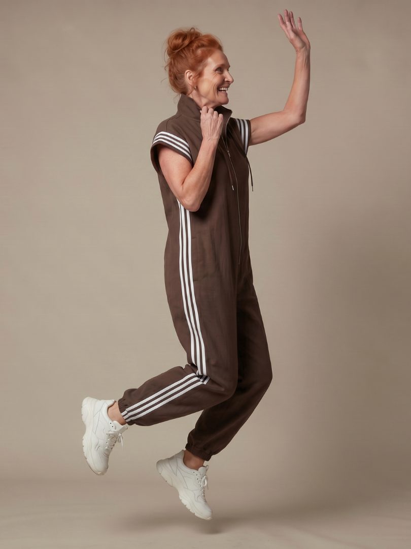 Striped Panel Jumpsuit with Zip Front and Short Sleeves for Women