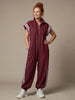 Striped Panel Jumpsuit with Zip Front and Short Sleeves for Women