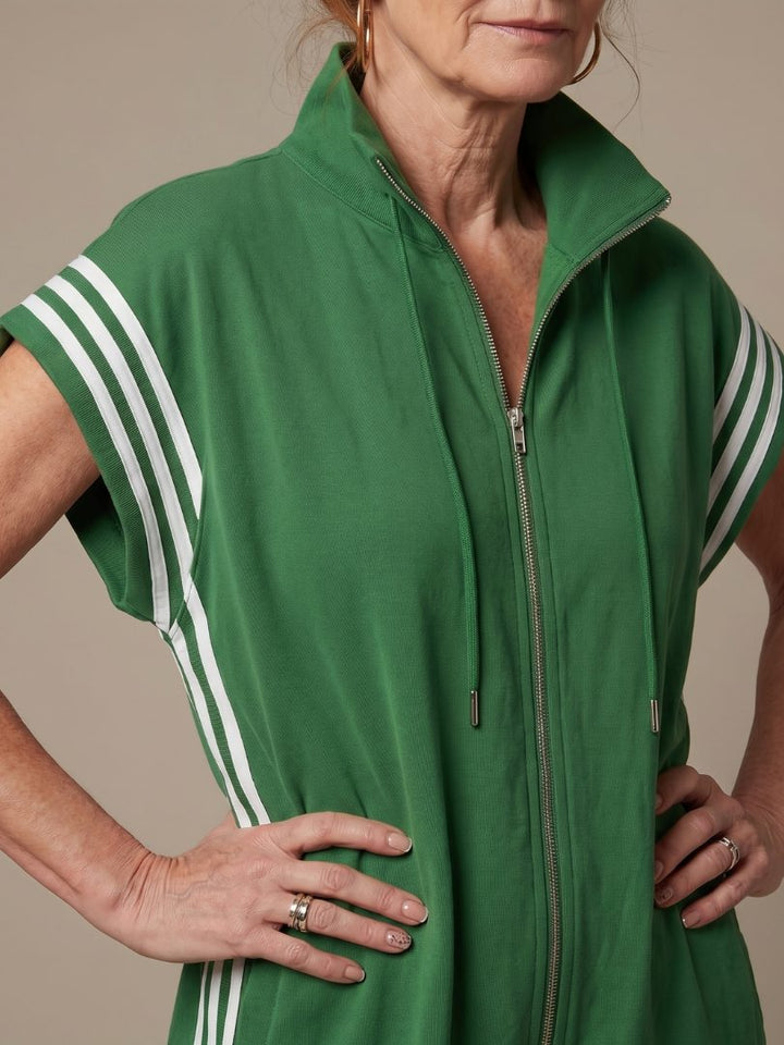 Striped Panel Jumpsuit with Zip Front and Short Sleeves for Women