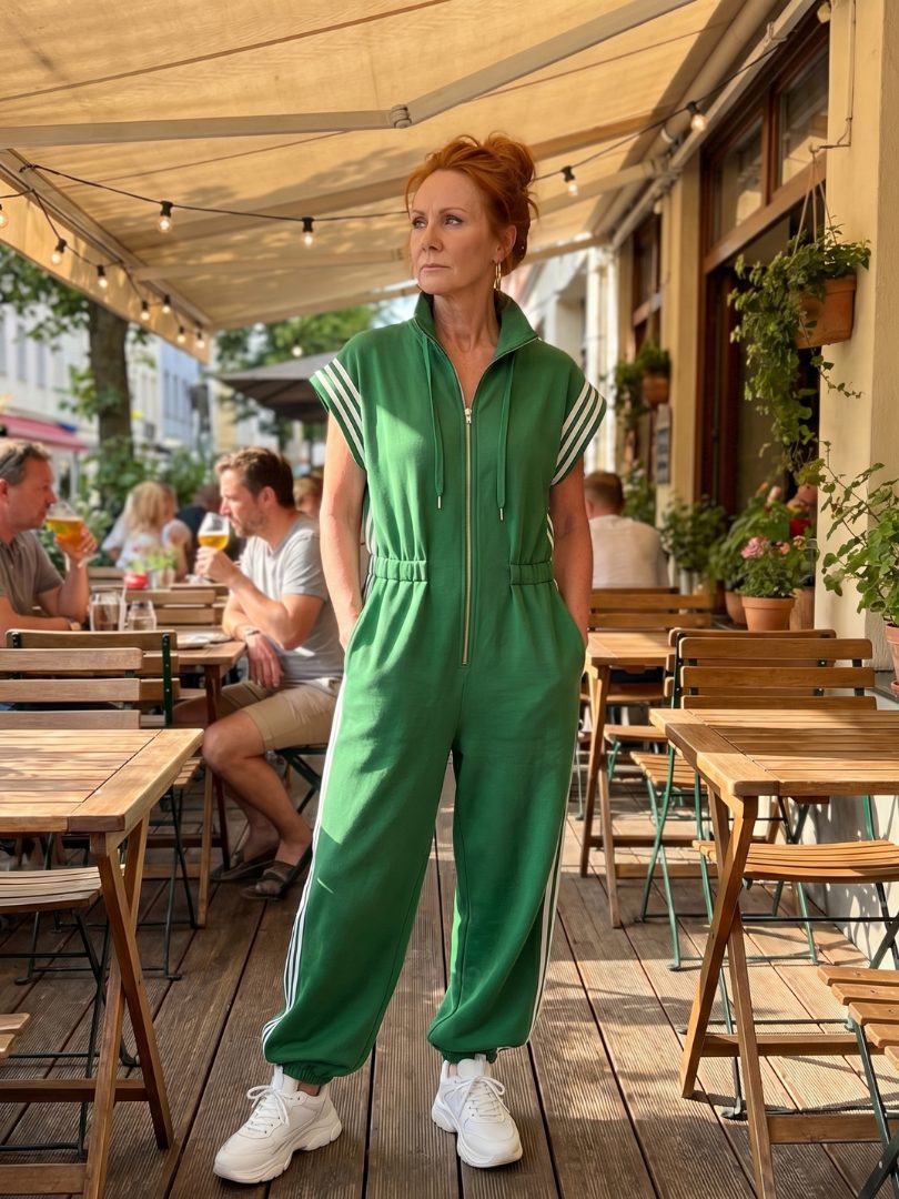 Striped Panel Jumpsuit with Zip Front and Short Sleeves for Women