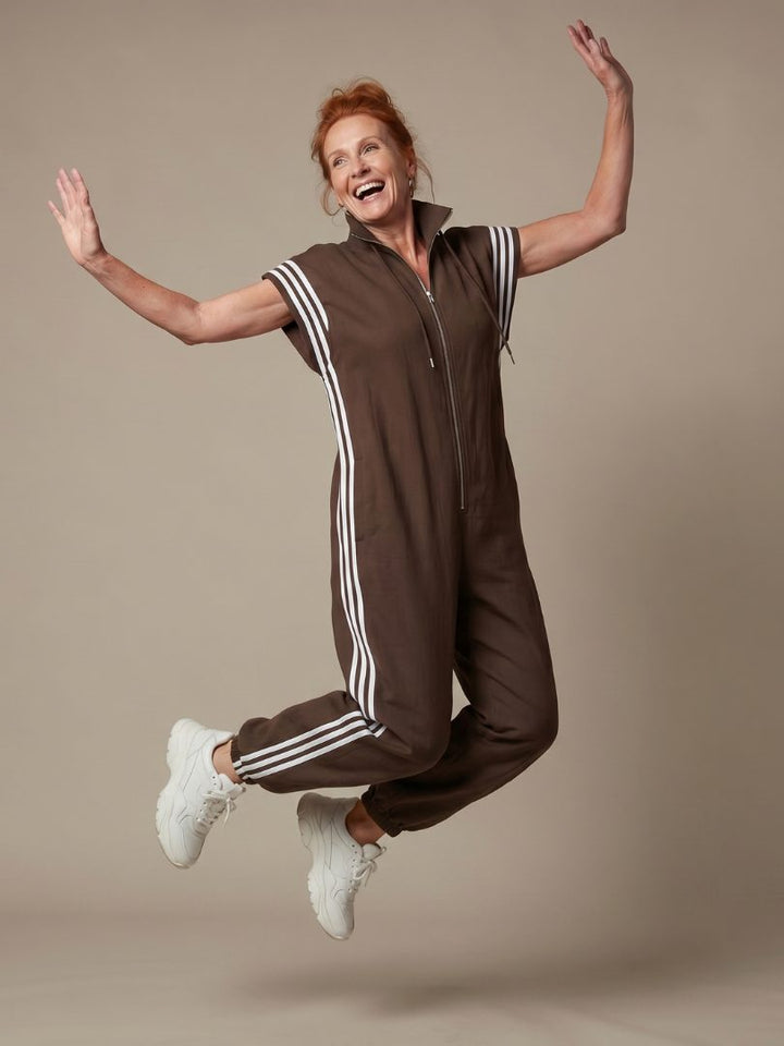 Striped Panel Jumpsuit with Zip Front and Short Sleeves for Women