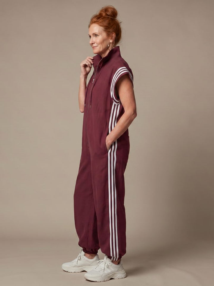 Striped Panel Jumpsuit with Zip Front and Short Sleeves for Women