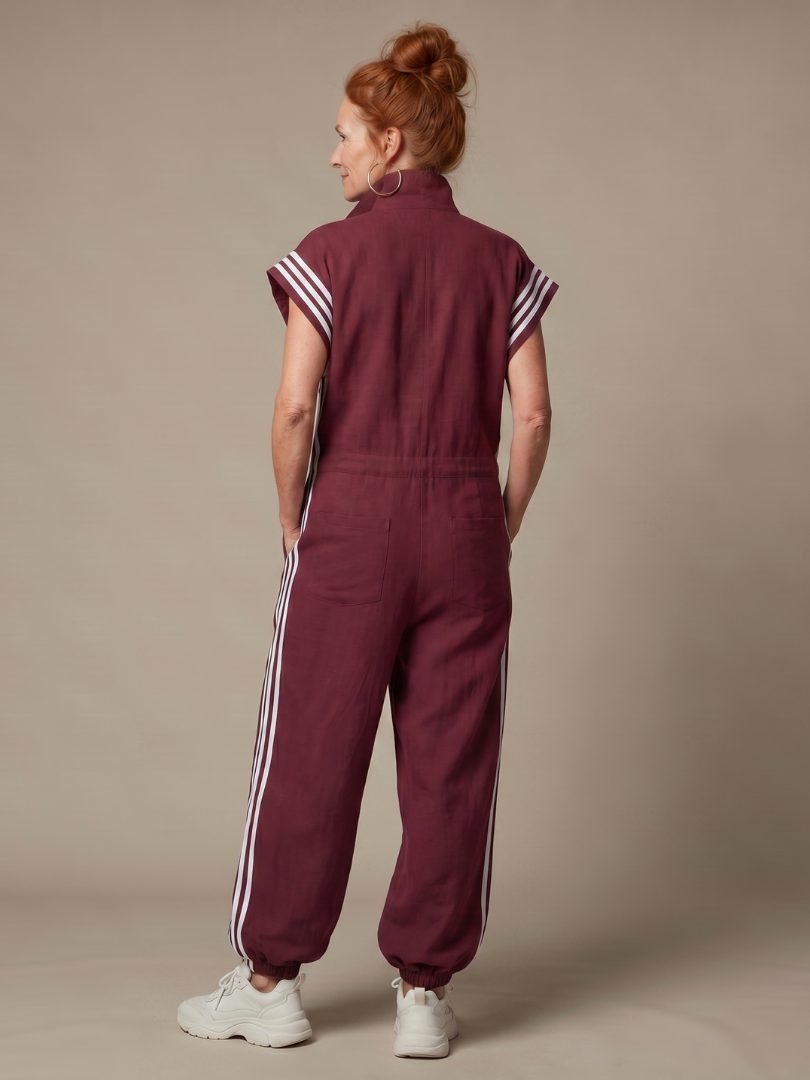 Striped Panel Jumpsuit with Zip Front and Short Sleeves for Women