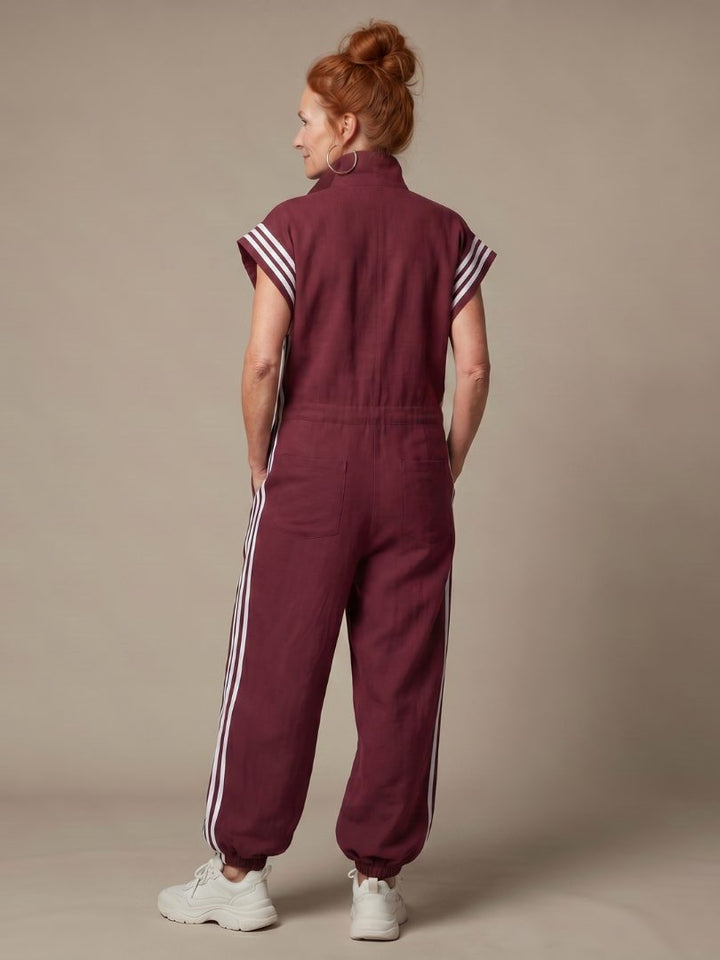 Striped Panel Jumpsuit with Zip Front and Short Sleeves for Women